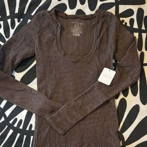 Free People Chocolate Brown Ribbed Long Sleeve Scoop Neck Top